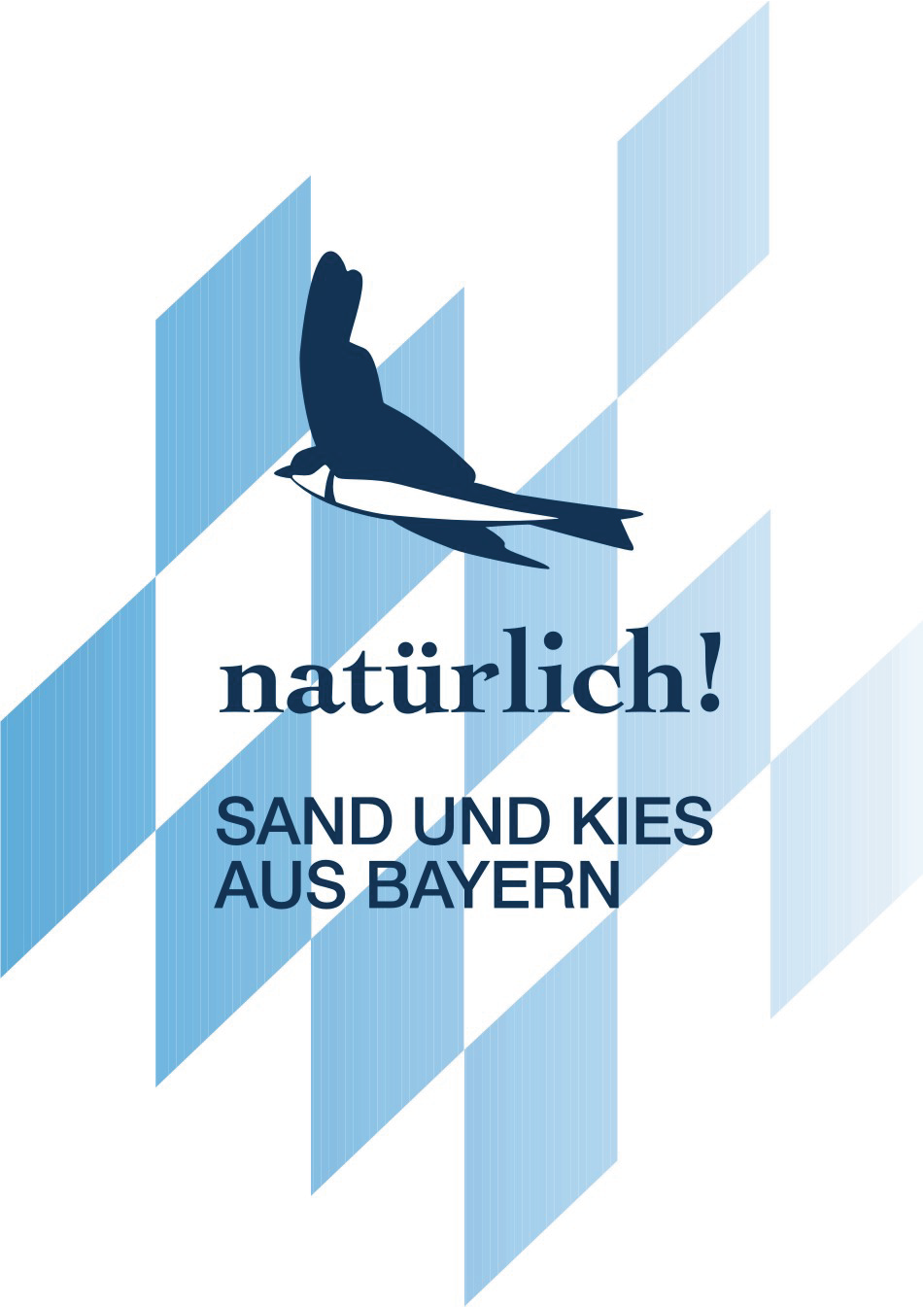 Logo mit Vogelsilhouette und blauen Diagonalstreifen. Text: „natürlich! SAND UND KIES AUS BAYERN.