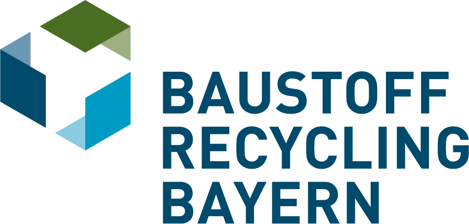 Geometrisches Logo mit dem Text „Baustoff Recycling Bayern“ in fetten, dunkelblauen Buchstaben neben einem mehrfarbigen Würfeldesign.